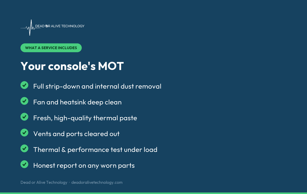 What a professional console service includes: full strip-down and internal dust removal, fan and heatsink deep clean, fresh high-quality thermal paste, vents and ports cleared out, a thermal and performance test under load, and an honest report on any worn parts.
