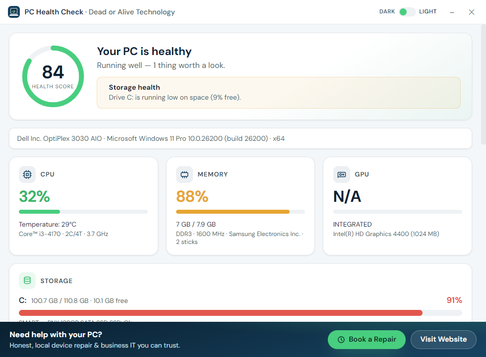The Dead or Alive Technology PC Health Check app showing a device health score out of 100 with live CPU, memory and storage readings.